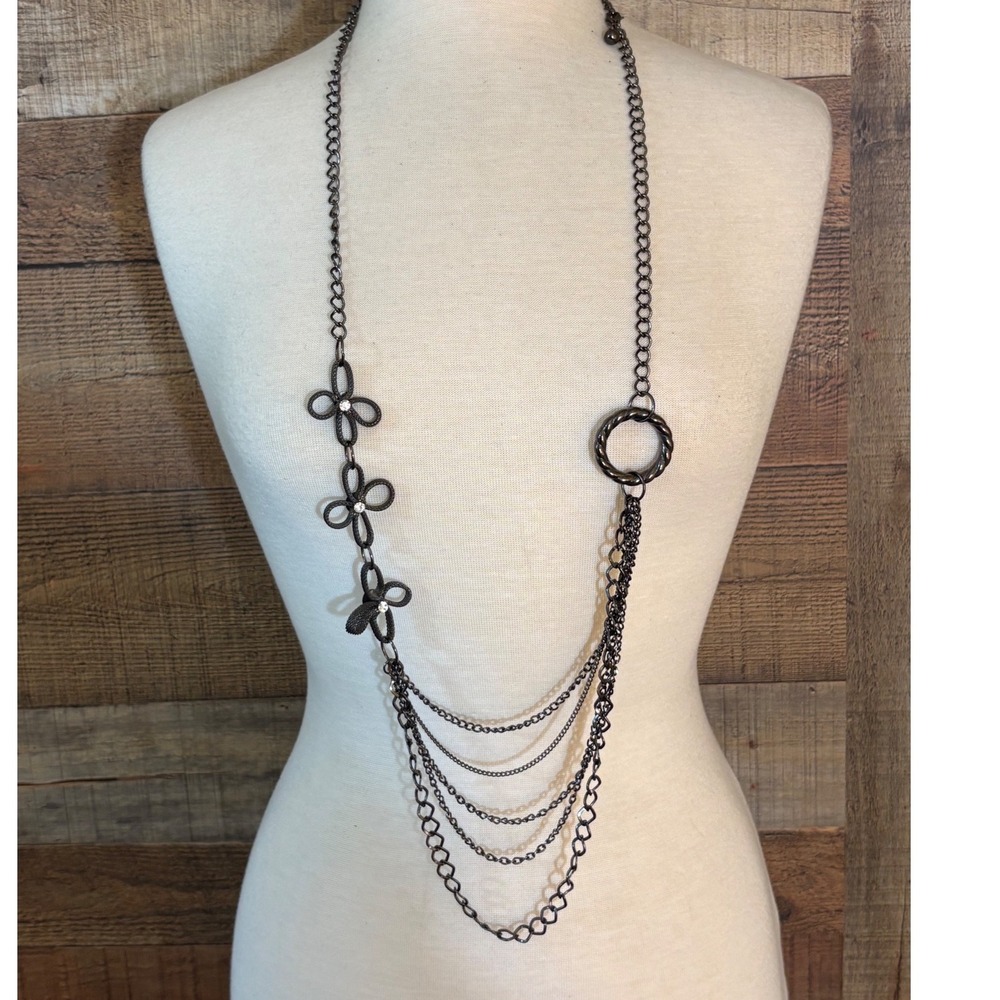 Gunmetal Multi Strand Layered Chain Necklace Rhinestone Flower Draped Long